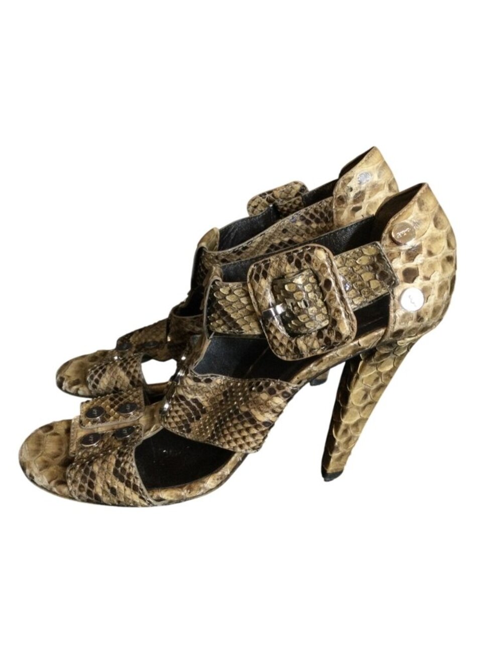 Roger Vivier Snakeskin Embossed Sandal Slim Heel Studded Tan Size 36.5 6.5